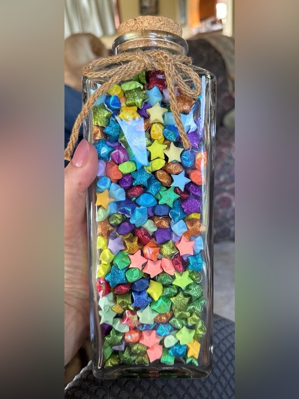 Vintage Ann’s House of Nuts Triangular Bottle Filled with Multicolor Stars